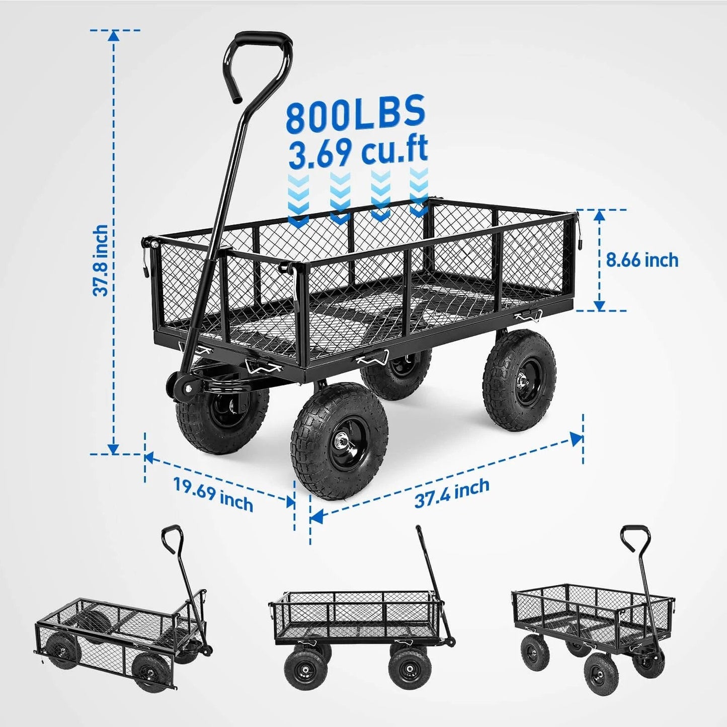 Steel Garden Cart 800 Lb Dump Wagon with All Terrain Inflatable Wheels showing dimensions, 800 lb capacity, and heavy-duty design.
