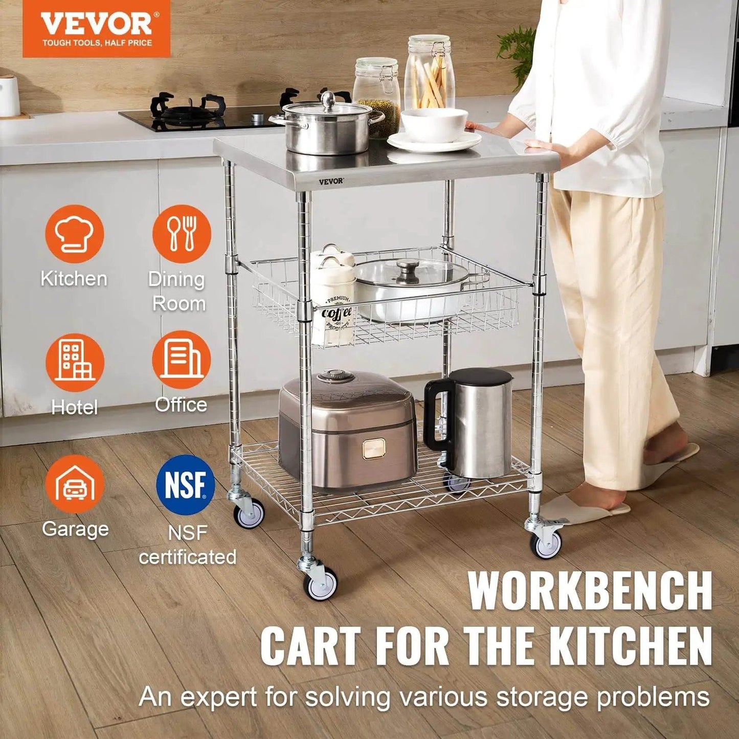 Heavy Duty Kitchen Utility Cart With Three Tiers And 470 Lb Capacity, 36.6 Inch By 20 Inch By 24 Inch Steel Rolling Cart With Brake Wheels
