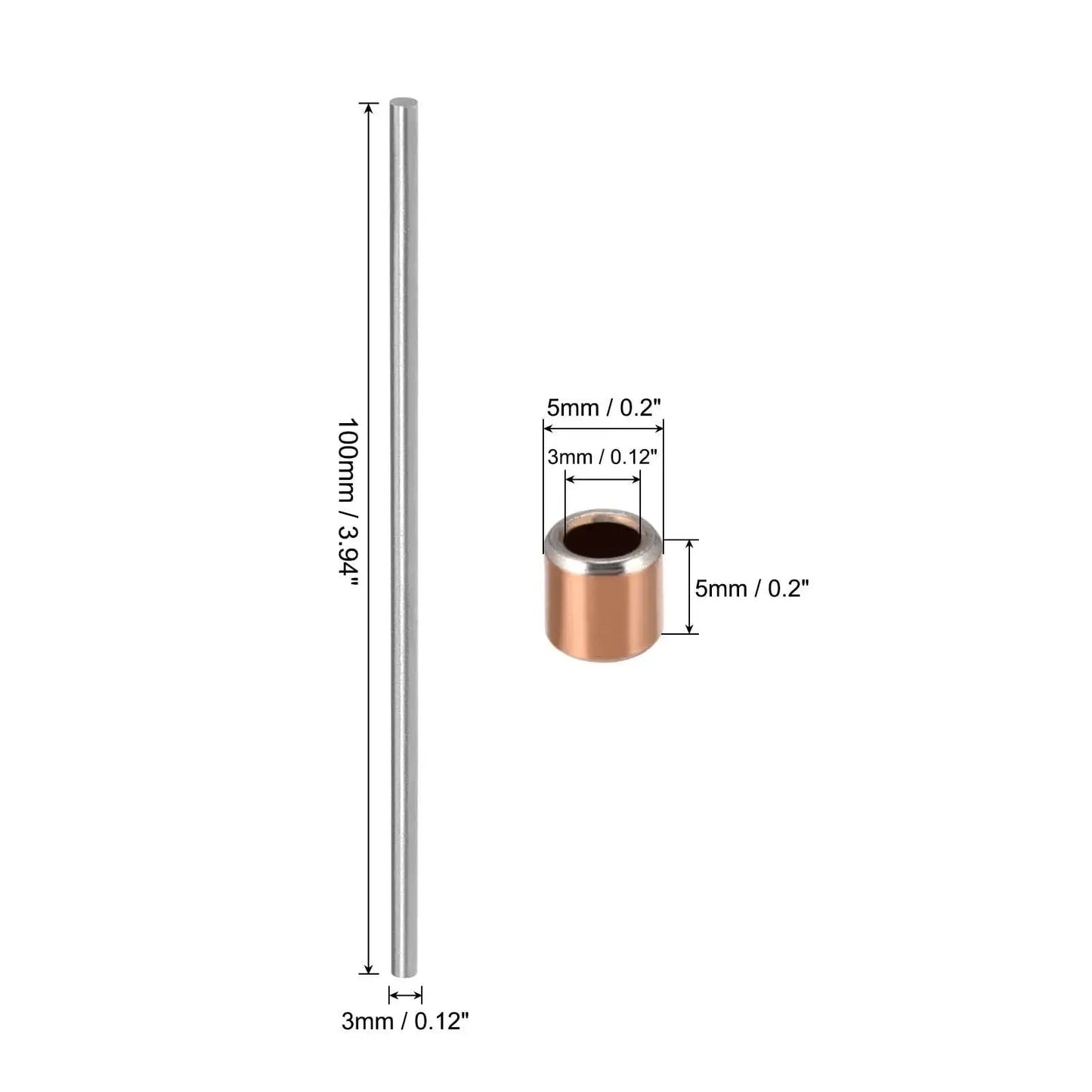 3mm high-speed steel rod and tin bronze bearing sleeve dimensions, part of Bearing Sleeve Set 10 Pieces 3 Mm Bore 5 Mm Outer Diameter 5 Mm Length Self Lubricating Tin Bronze Sleeves Made With Powder Metallurgy For High Precision Machinery And 5 Pieces 3 Mm High Speed Steel Rod 100 Mm Length kit.