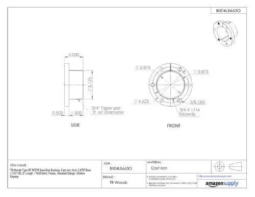 Technical drawing of Sure-Grip SF278 Quick Disconnect Bushing for shaft mounting, showing side view with dimensions and material details.