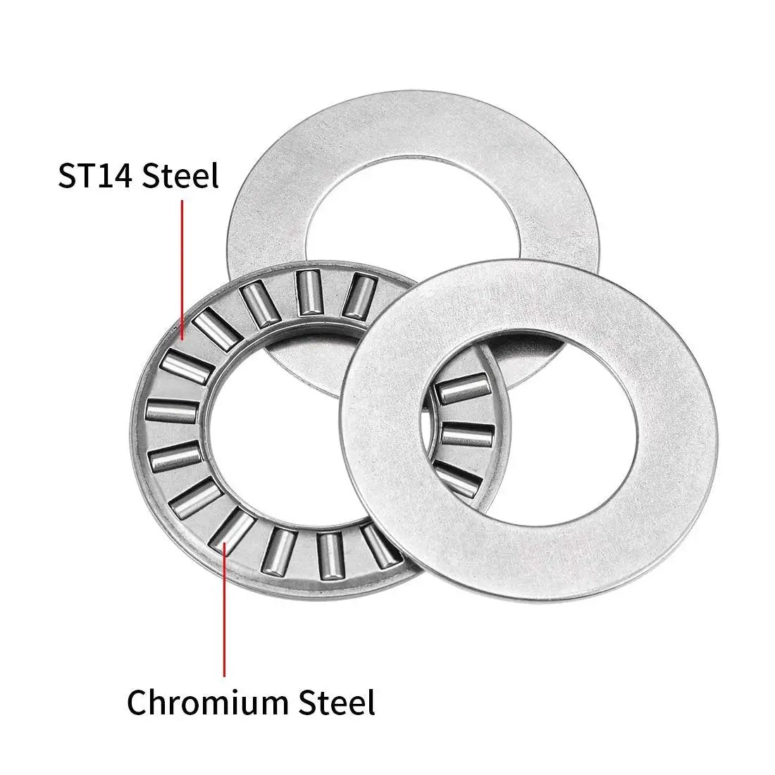 TC1018 Thrust Needle Roller Bearings with Washers, showing chromium steel rollers and ST14 steel construction for heavy machinery
