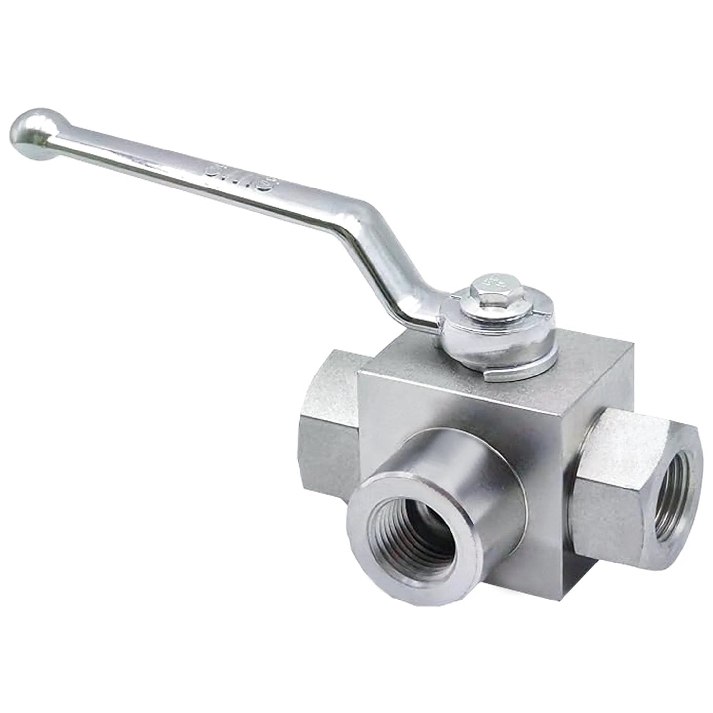 High Pressure Hydraulic Ball Valve 1/2 Inch NPT 4568 PSI 315 Bar KHB3K Three Way Shut Off For Industrial Hydraulics Carbon Steel Zinc Plated Durable 1045 Steel Construction Reliable Flow Control Suitable For High Pressure Hydraulic Systems TieMin - side view
