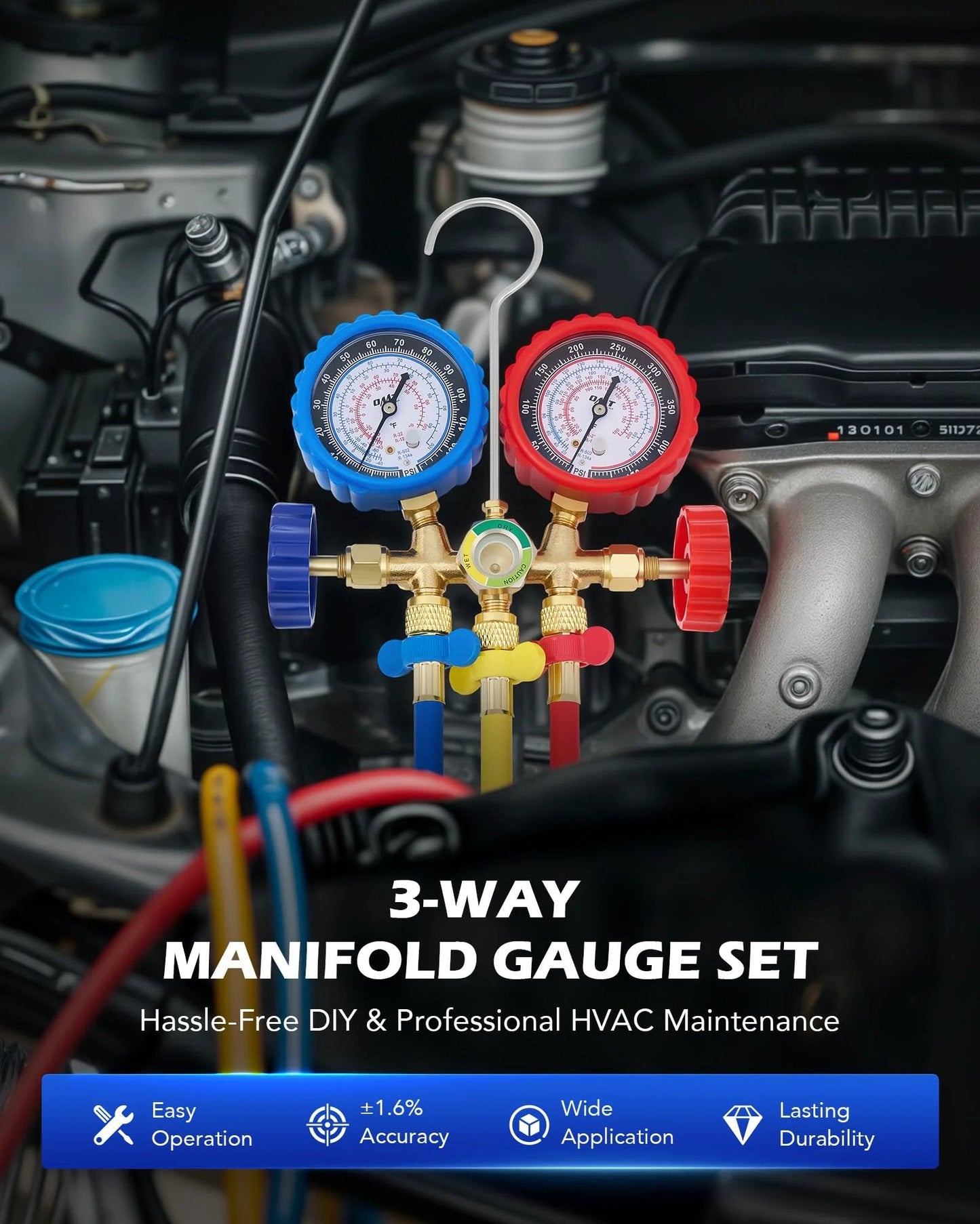 Professional Three Way Car AC Gauges Kit With Five Foot Hoses R134a R12 R502 Refrigerant Compatibility Puncture And Self Sealing Can Tap Freon Charge Kit Includes Couplers And Adapter Pro Grade Durable Orion Motor Tech Brand placed on an engine.
