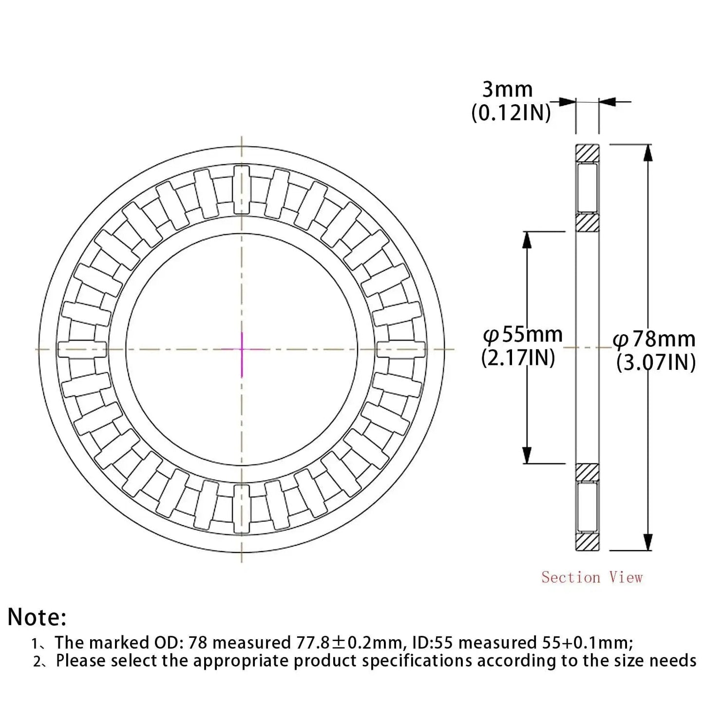 Diagram of Two Sets Of Thrust Needle Roller Bearings With Four Washers 55mm Inner Diameter 78mm Outer Diameter 3mm Width AXK5578