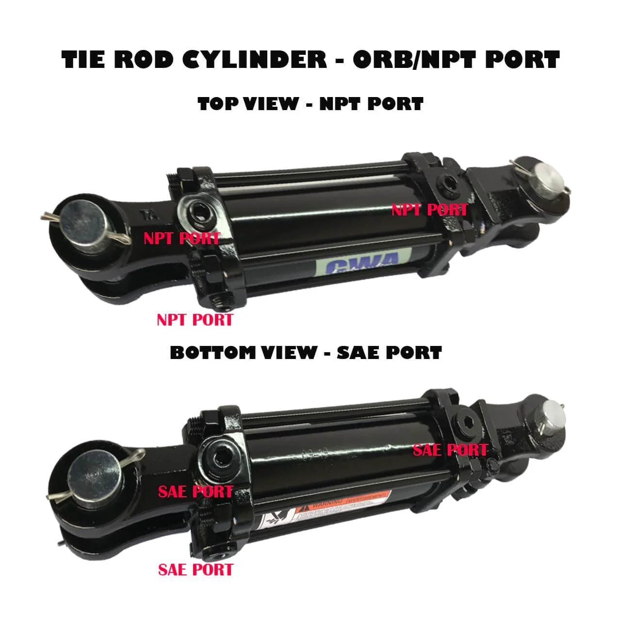 Top and bottom views of Hydraulics TR Tie Rod Cylinder 3" Bore x 8" Stroke x 1 1/4" Rod x 2500 PSI - Port: SAE 8 and 1/2 NPT