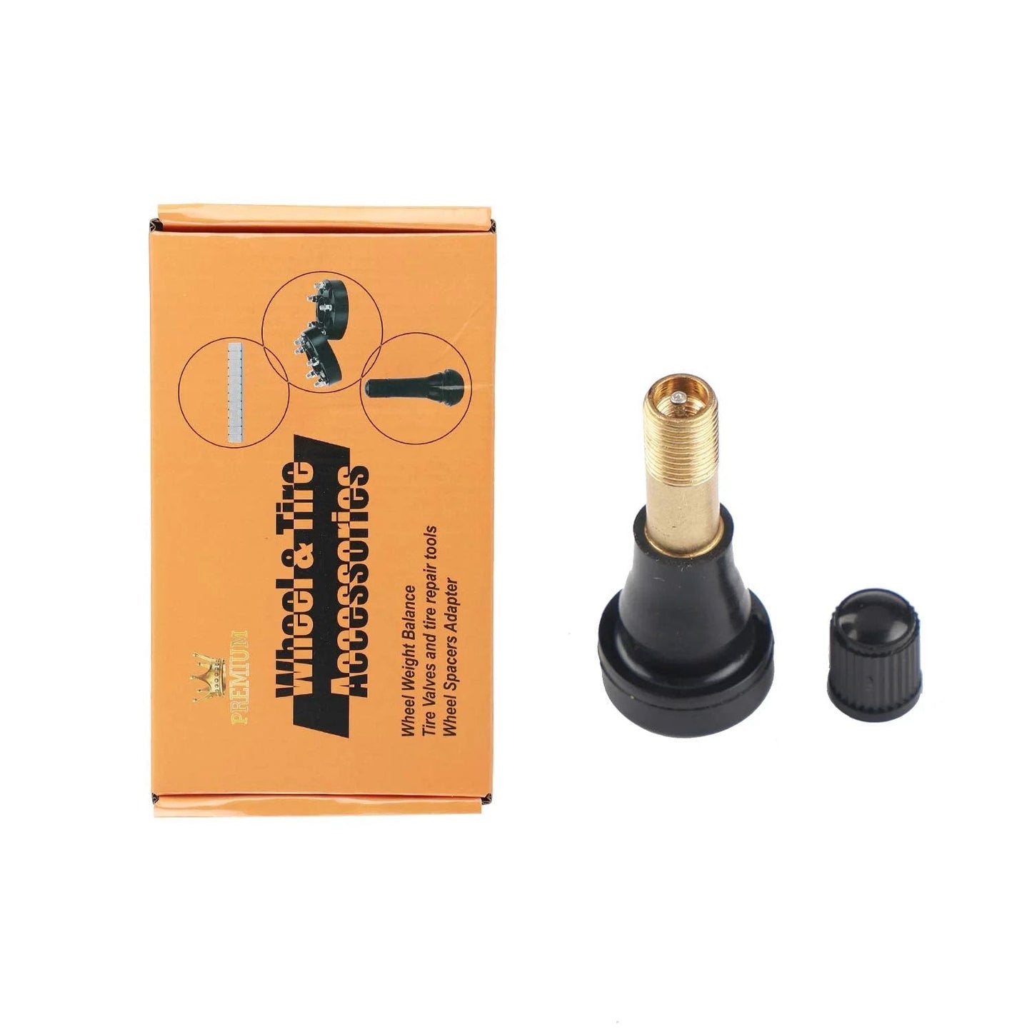 TR600HP High Pressure Brass Tire Valve Stems Pack For Tubeless Systems Snap In Valves 0.45 Inch Rim Hole 1.27 Inch Length Heavy Duty For Larger Vehicles Copper Core EPDM Rubber 50 Pieces displayed with packaging.