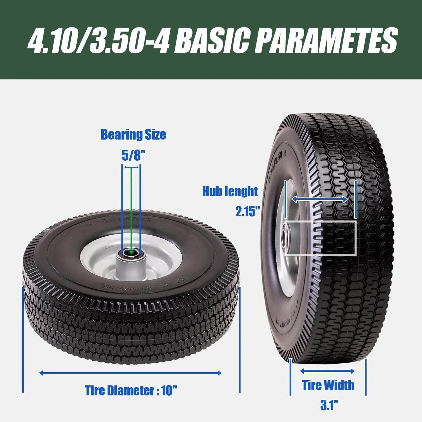 Diagram of ✝️ 4.10/3.50-4 tire & wheel flat free with dimensions, featuring 5/8 in axle bore and 2.15 in hub offset
