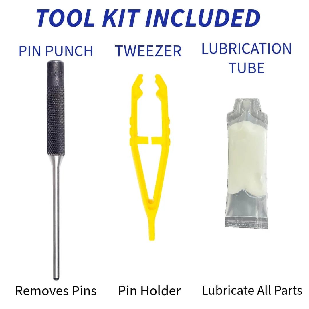 Crown PTH50 pallet jack front load wheels replacement kit tool accessories including pin punch, tweezers, and lubrication tube.