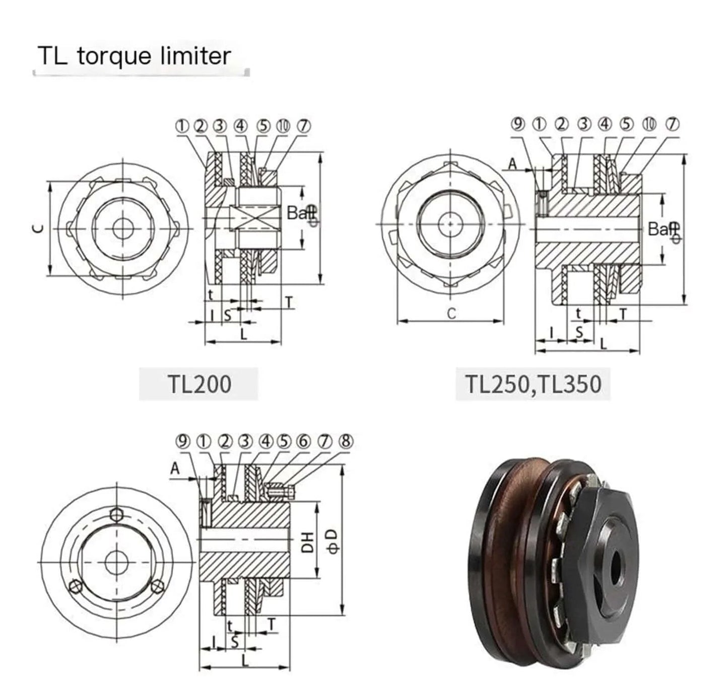 Diagram and photo of TL torque limiter, friction type torque, TL200-2 TL250-1 Safety clutch TLC350(TL700-2 D32-65)