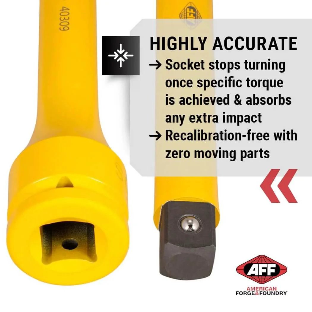 Yellow Torque Limiting Extension, 3/4" Drive, 475 ft/lbs, 40309, with markings and product features from American Forge & Foundry.