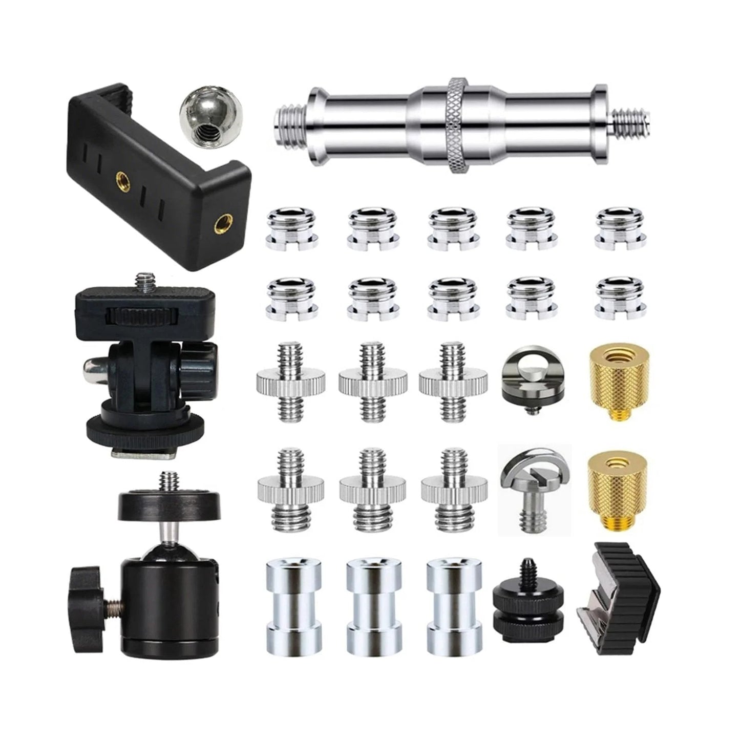 30 Pack Tripod Screw Mount Kit With 1/4 Inch To 3/8 Inch Threaded Adapters And Quick Release Screws For DSLR Cameras Monopods Flashes Hot Shoe Devices And Camera Accessories Includes Reducer Bushings And Mixed Male And Female Screws For Flexible Setup