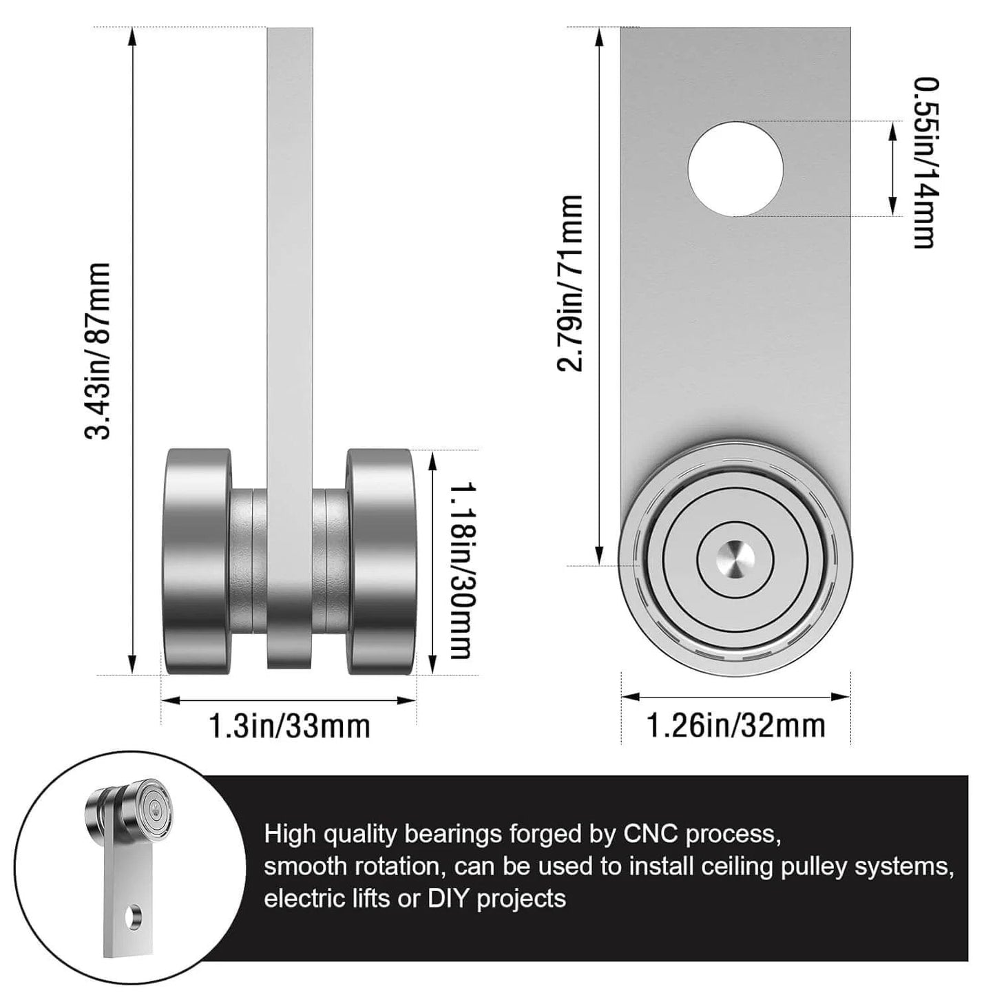 Diagram of 2 Wheel Trolley Assembly Rollers for 1-5/8 Inch Wide & Taller Strut Channel, dimensions in millimeters