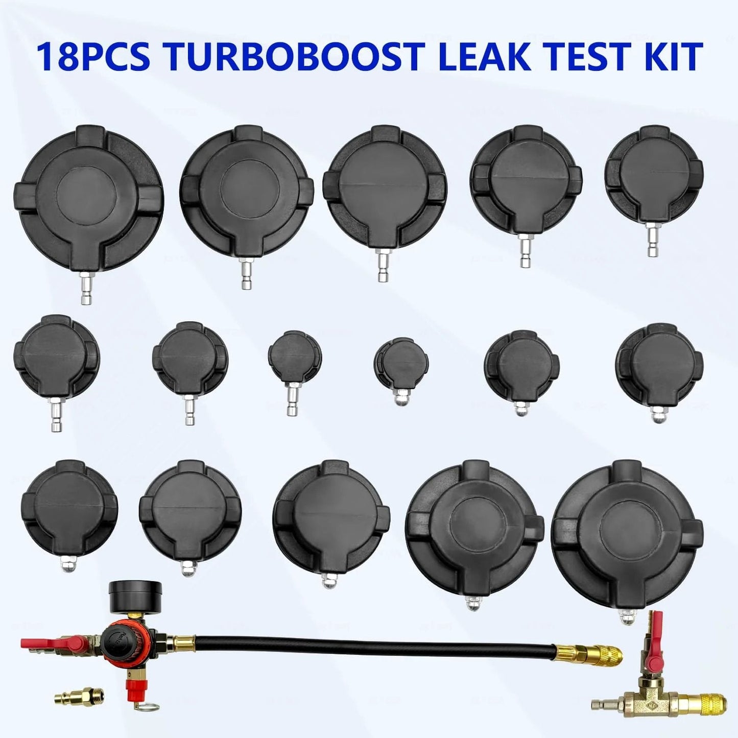 Pro Grade Turbo Leak Tester Kit For Boost Systems And Emissions, 19-Piece Set From ZKTOOL with 18 black adapters and pressure gauge.