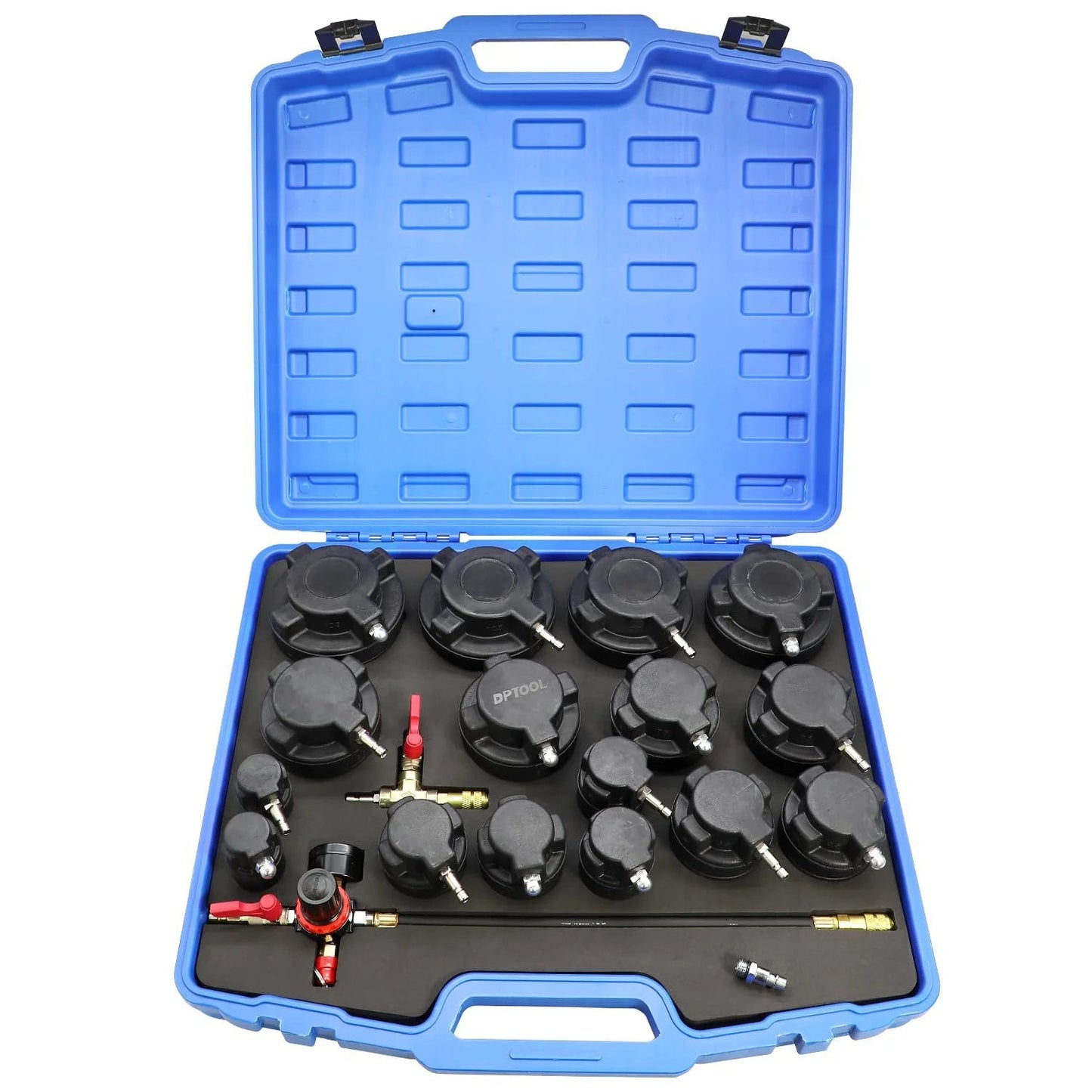Turbo System Leakage Tester Kit With 19 Pieces For Turbochargers And Intercoolers Includes 16 Stepped Adapters visible in blue storage case.