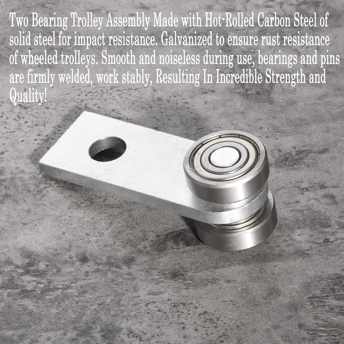 Two bearing trolley assembly in hot-rolled carbon steel, featuring smooth quiet bearings and stable welded roller design.