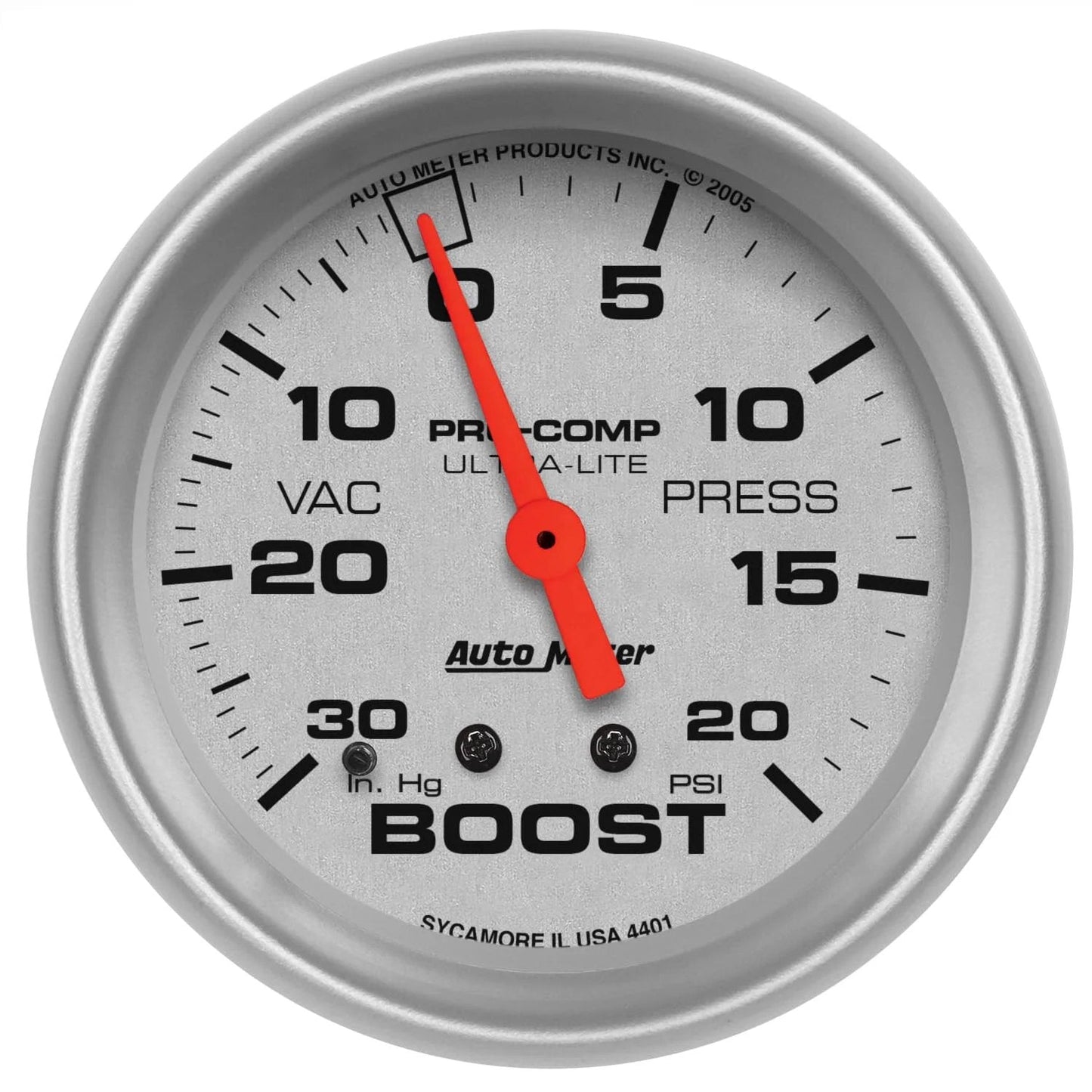 Ultra-Lite Mechanical Boost And Vacuum Gauge, 2.625-Inch Dial With Perimeter Incandescent Lighting, front view showing pressure readings.