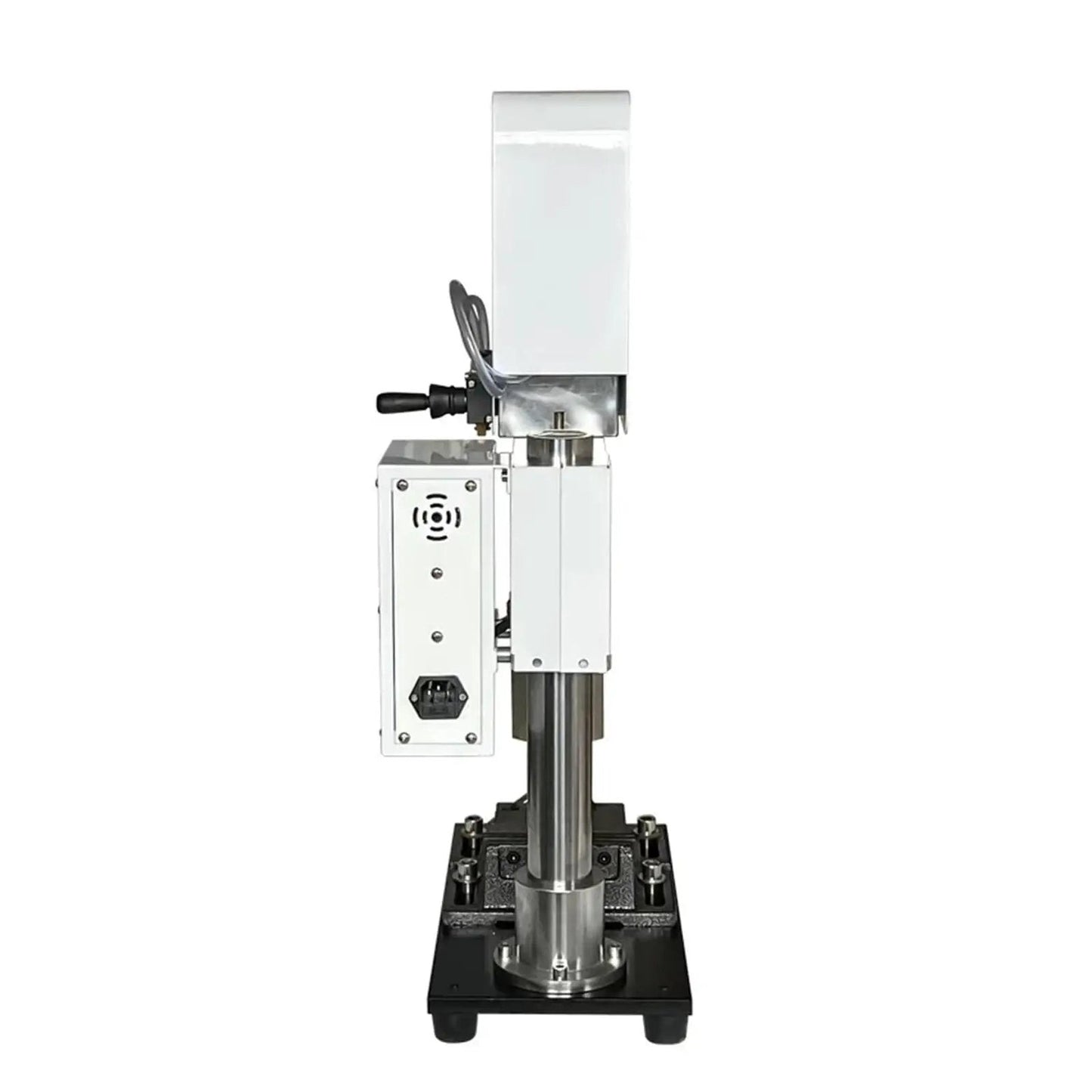 Side view of vertical injection molding machine for laboratory use with compact pneumatic handle and precise temperature control.