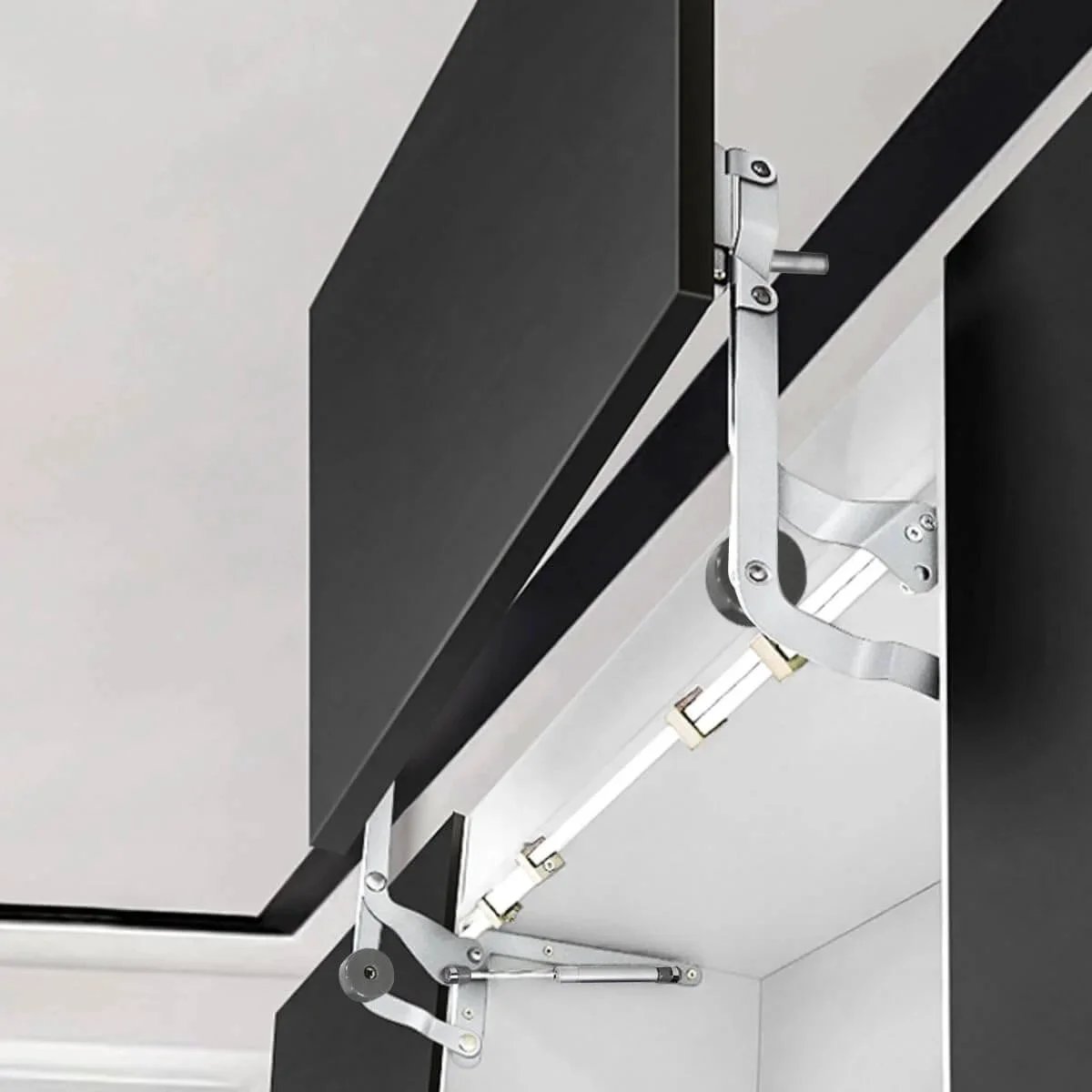 Door Hinges Set, Vertical Swing Lift Up Stay Pneumatic Arm Kitchen Mechanism Hinges with Slow Closing installed on cabinet