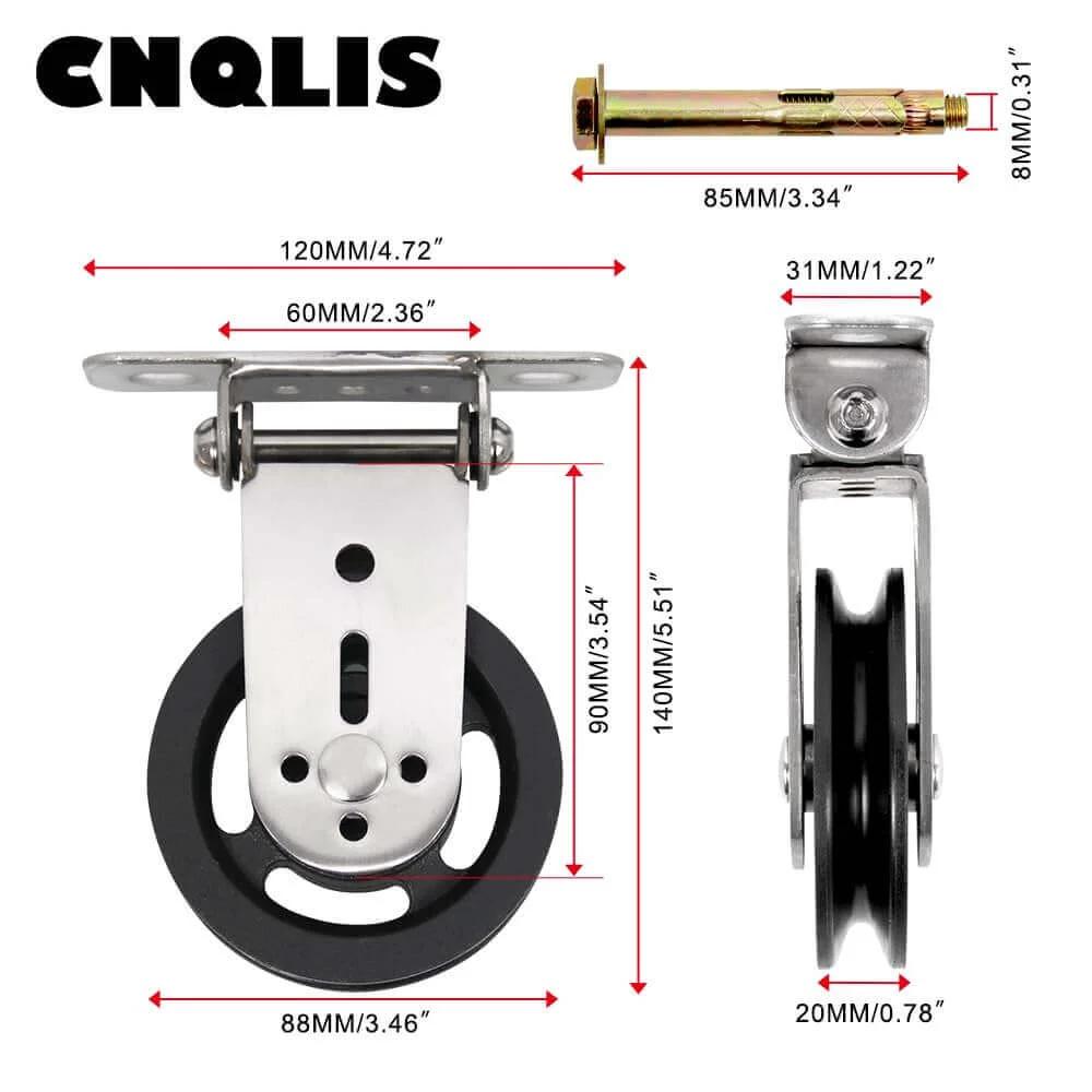 Front and side view of Gym Pulley Blocks,3.46in/90mm Wall Mount Fixed Pulley Wheel Rotation 180 Degree,for Gym System