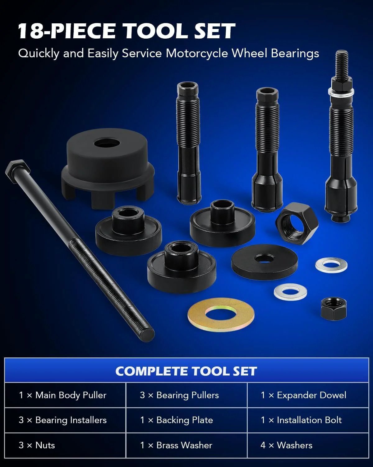 Wheel Bearing Puller Tool Kit Compatible with Harley Davidson Motorcycles, 18-piece tool set with various components