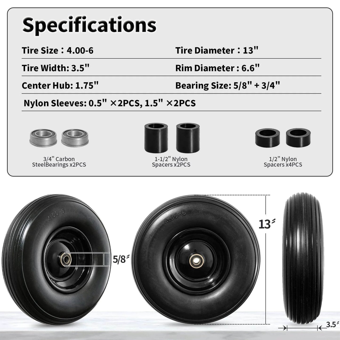 Specifications for Wheelbarrow wheel 4.00-6 tire 13 flat free wheelbarrow tires, solid wheel barrow wheels with bearings and spacers.