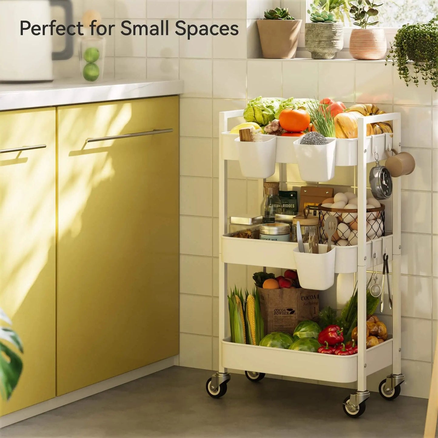 Versatile 3 Tier Rolling Cart With Locking Wheels Hanging Cups And Hooks Heavy Duty Metal Storage Organizer in kitchen corner