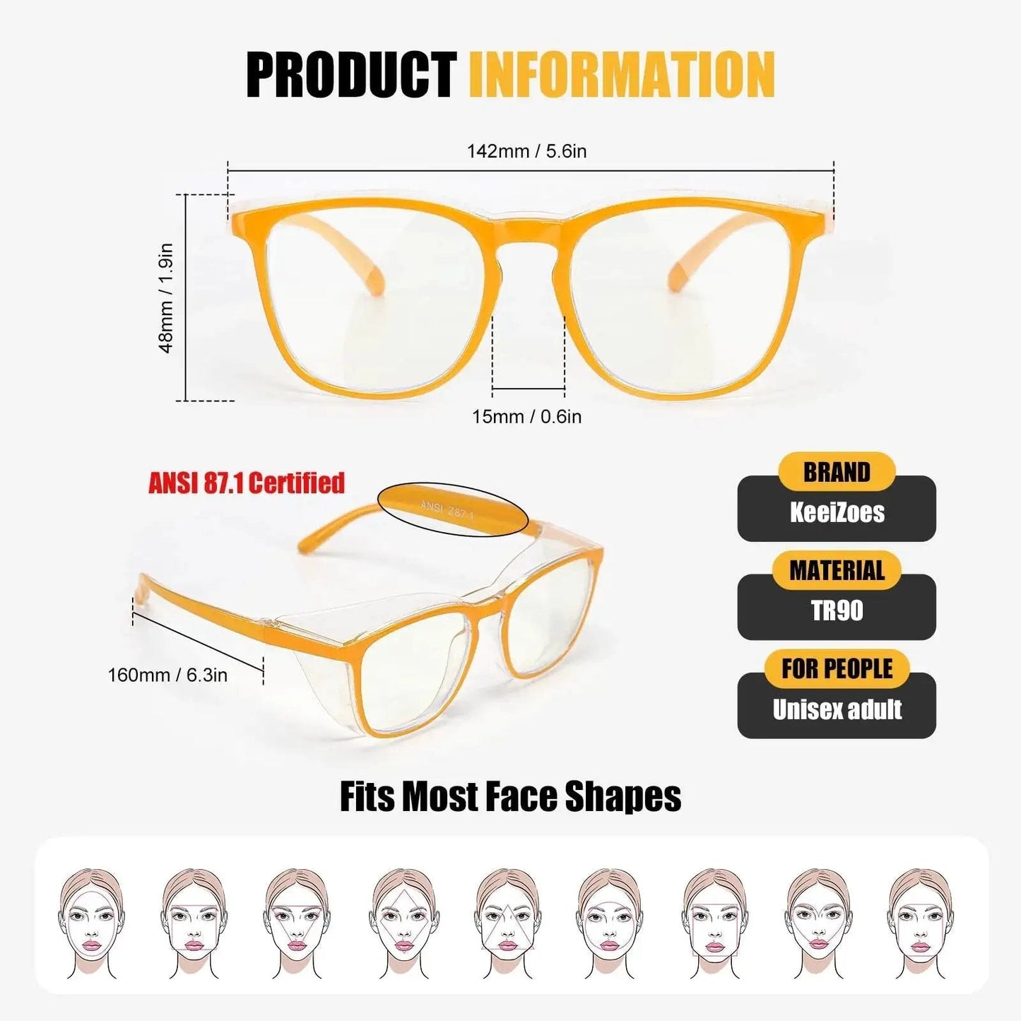 Women Safety Glasses Anti Fog UV Blue Light Blocking Eye Protection Goggles in orange frame, dimensions, ANSI certified, fits all faces.
