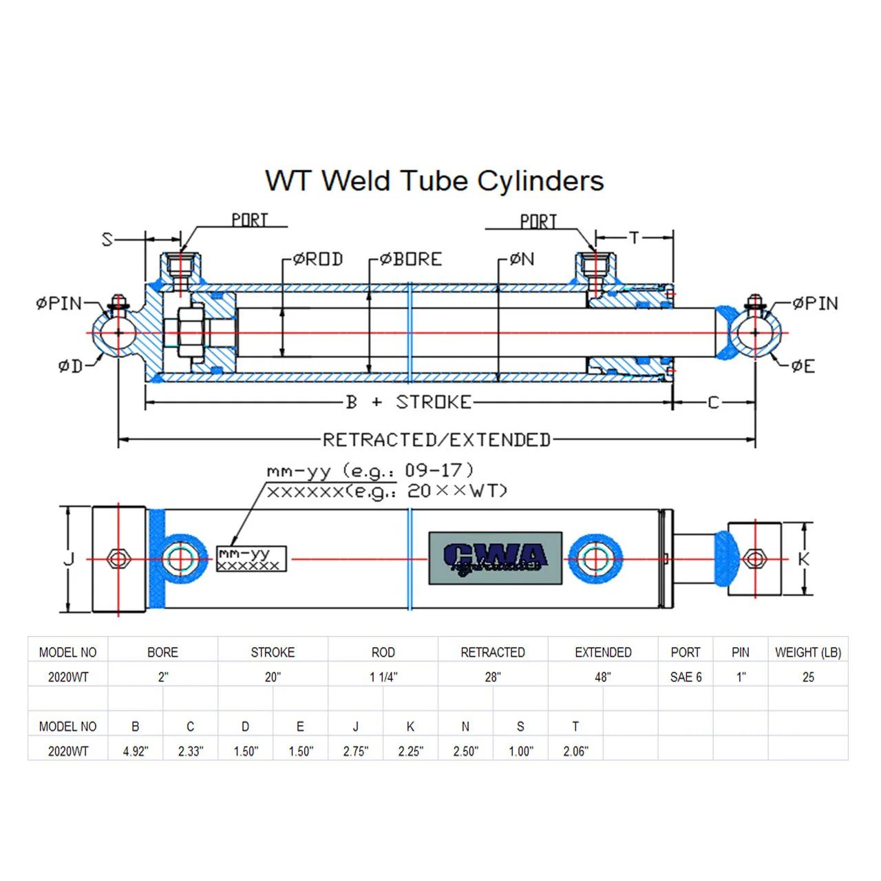 Diagram of WT Weld Tube Hydraulic Cylinder 2" Bore x 20" Stroke x 1 1/4" Rod x SAE 6 Port specifications