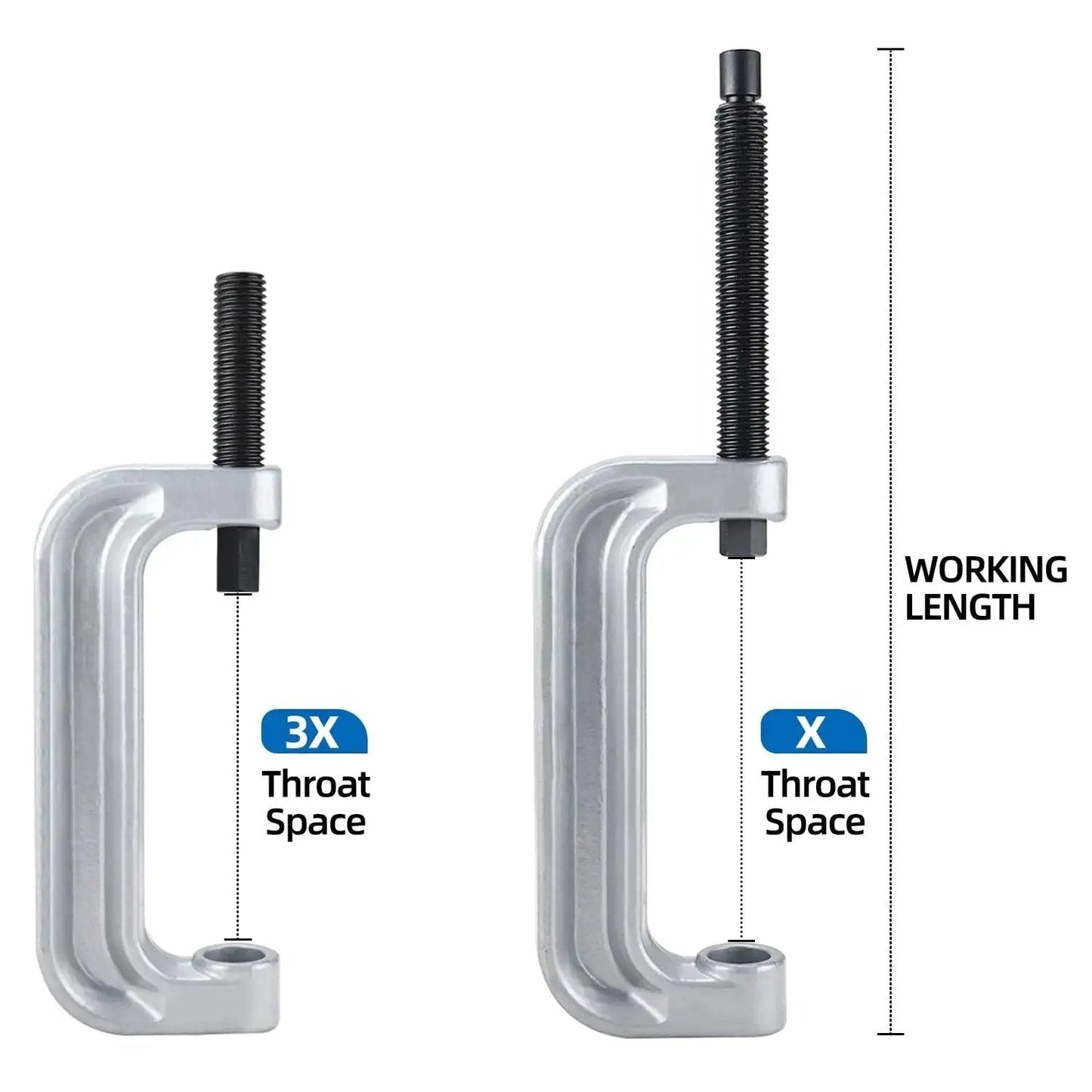 XL Ball Joint C Frame Press Kit for U Joints and Wheel Studs and Brake Anchor Pins with large throat space shown in two sizes