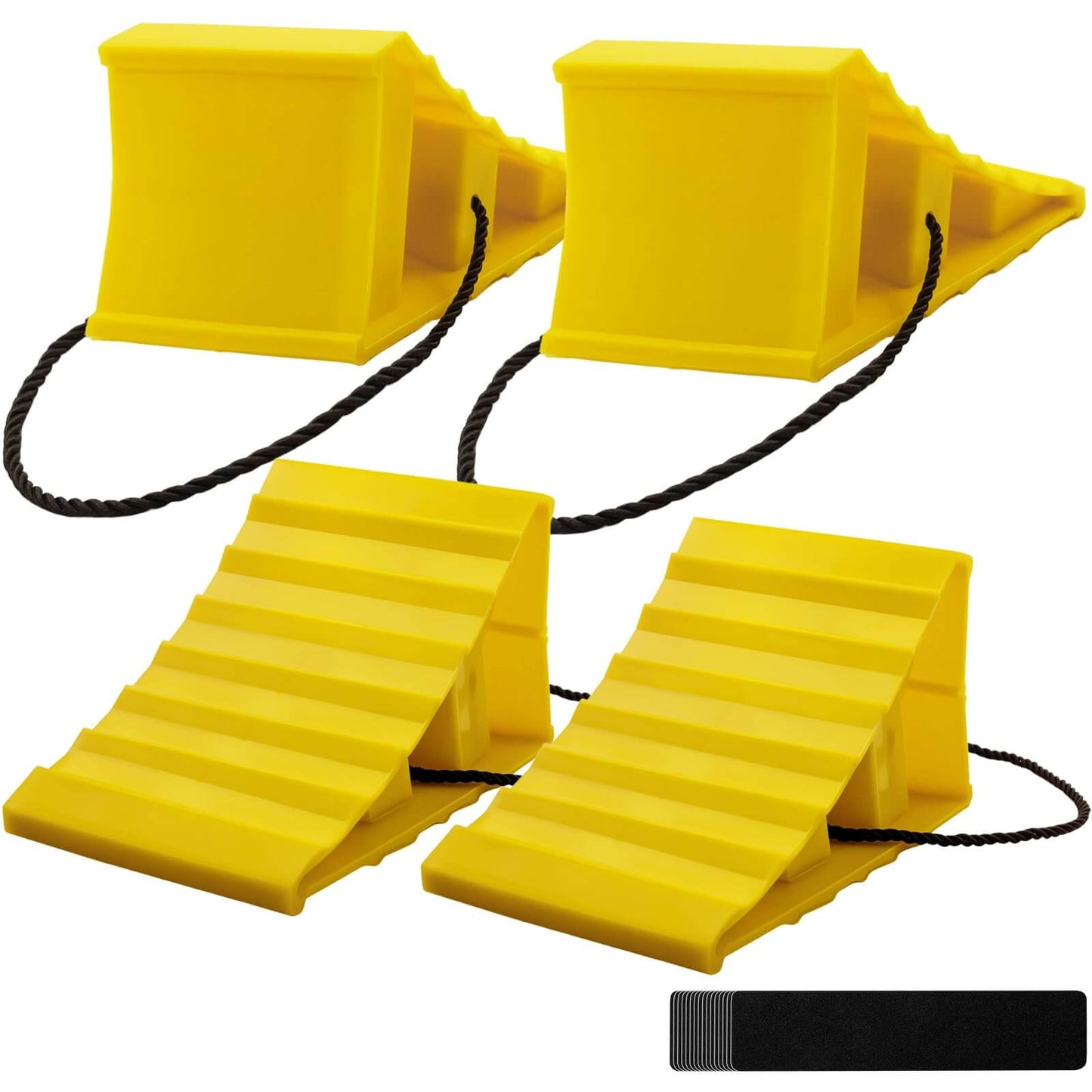 4 Pack Heavy Duty Non Slip Wheel Chocks With Rope For Camper RV Trailer And Trucks Yellow Plastic Wheel Stoppers Block With 16 Anti Slip Pads, Stackable Design For Easy Storage And Maximum Wheel Security