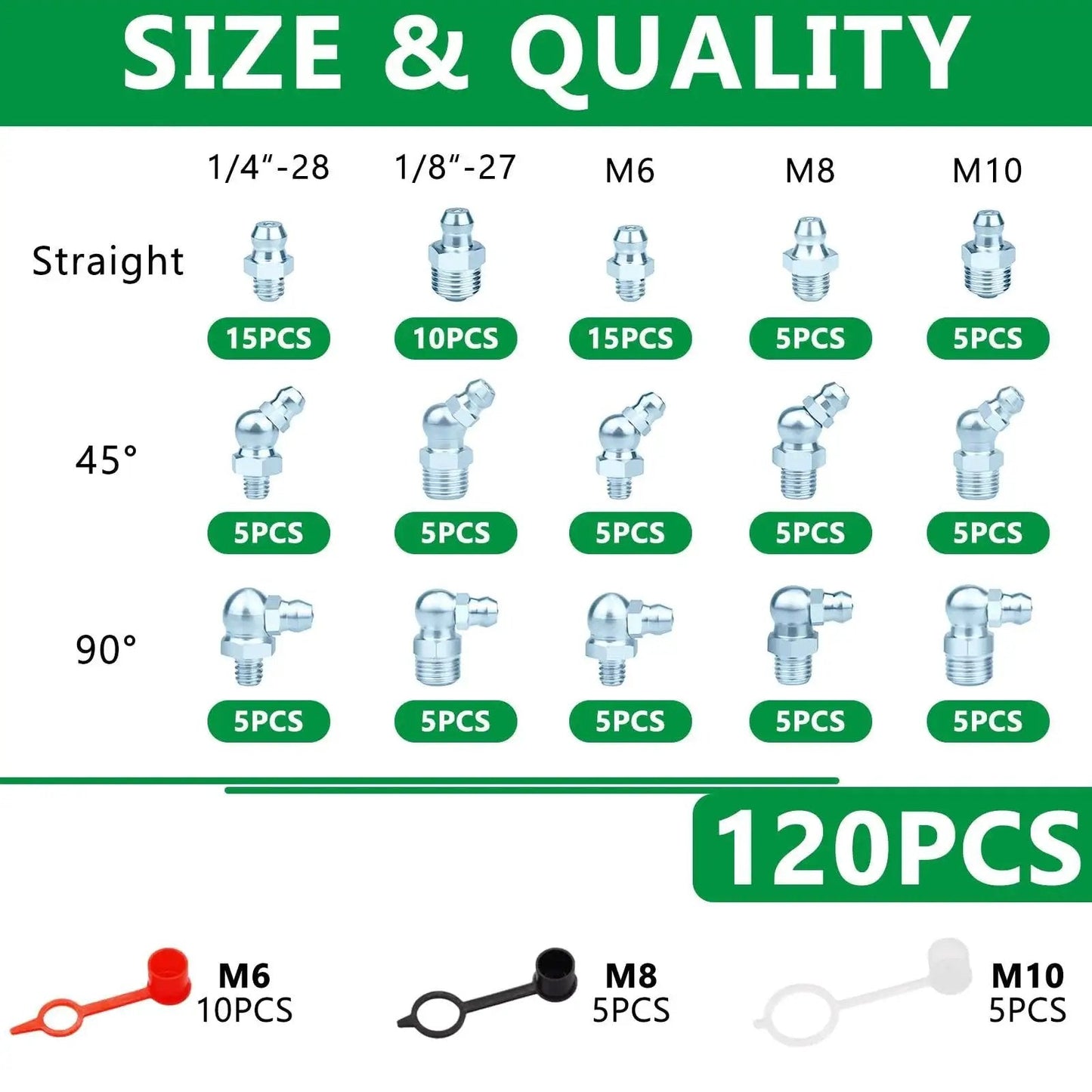Premium Zinc Plated Steel Grease Fittings Kit with 120 Piece SAE and Metric Zerk Nipples Straight 45 Degree 90 Degree Options