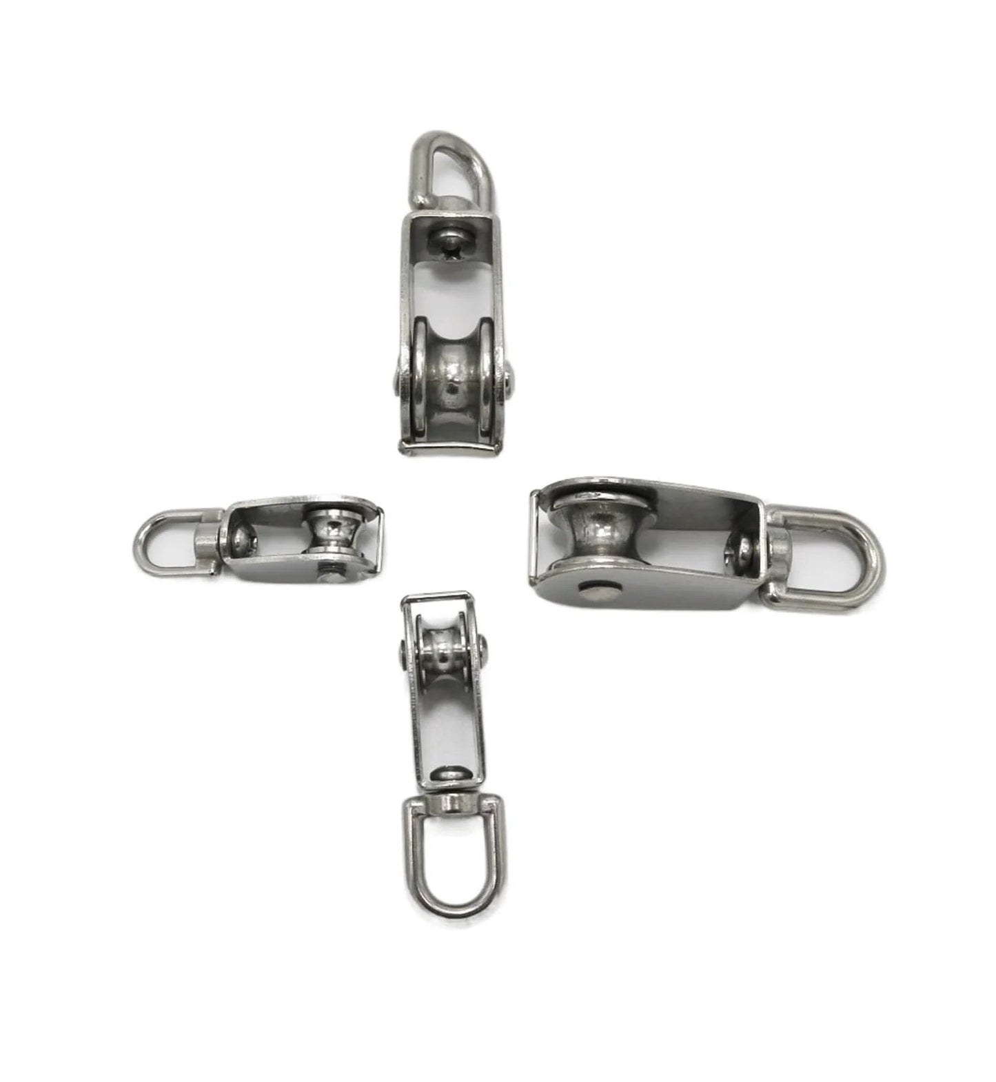 Four stainless steel M20 Single Swivel Lifting 0.3" Rope Pulley Roller Block Sheaves for lightweight lifting and hoisting.