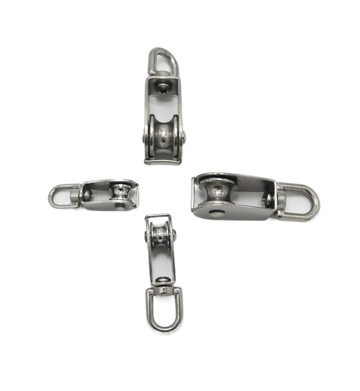 Four stainless steel M20 Single Swivel Lifting 0.3" Rope Pulley Roller Block Sheaves for lightweight lifting and hoisting.