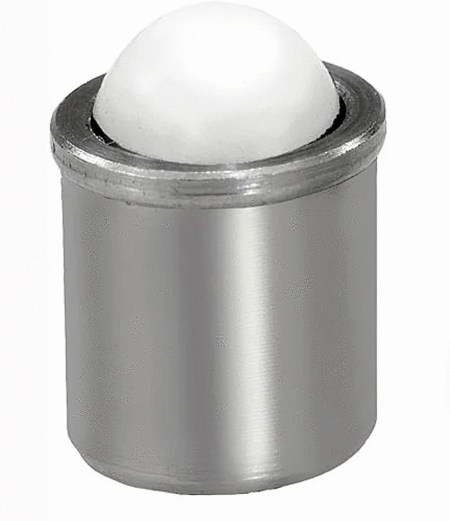 Close-up of 8mm x 9mm Drop-in Stainless Steel Spring Ball Plunger - POM ball, stainless steel body with white POM ball.