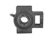 Front view of 15mm Single Take-Up Unit MUCT202 Stainless Steel Housing, Washdown Bearing with Wide Inner Ring, Locking Set Screw, Relubrication 1/4-28 UNF Fitting, Contact Seal, 212°F Max.