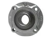 Front view of Piloted flange set screw pillow block 35 mm ID nickel-plated cast iron housing contact seal with slinger relubricatable insert UCFCF207NP sealed-ball-bearing linear slide unit single.