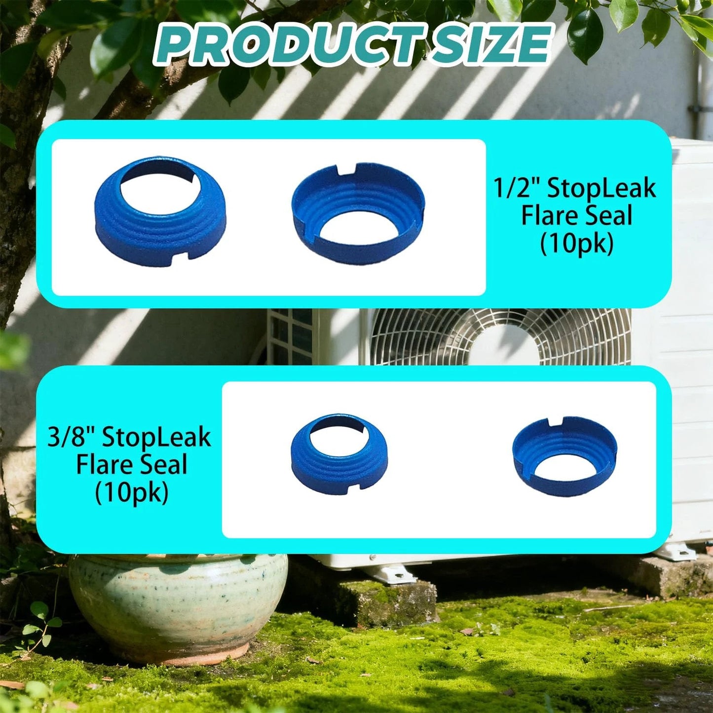 Leak Free SAE Flare Fitting Kit For HVAC And Refrigeration With Two One Quarter Inch And Two Three Eighths Inch Connections Seals Schrader Valves And Prevents Refrigerant Leaks DIY Friendly Plug And Play Seal Kit For Mini Splits And AC Systems product size with 1/2" and 3/8" blue flare seals displayed.