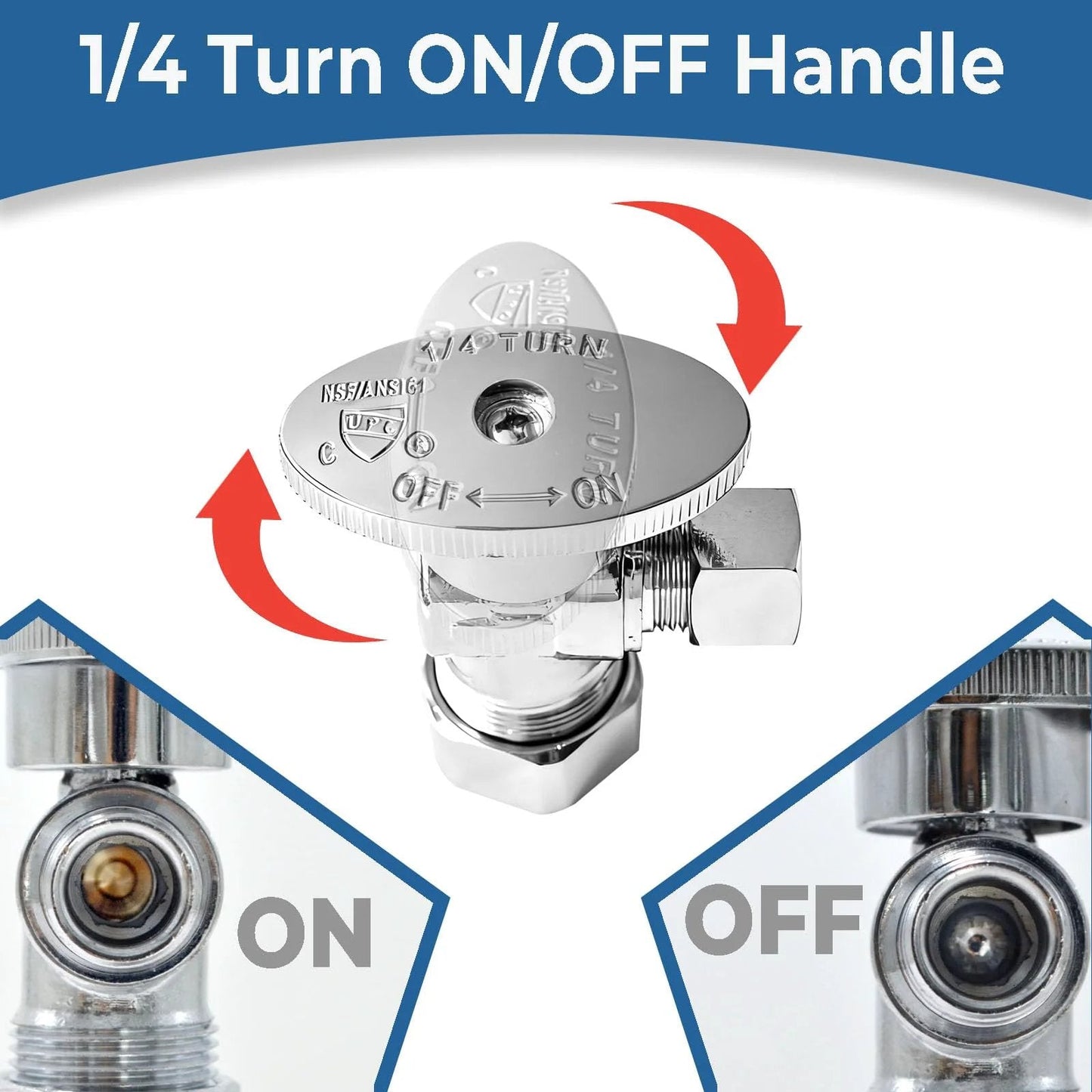 1/4 Turn Water Shut Off Valve handle showing ON/OFF positions, chrome finish, for easy installation in plumbing.