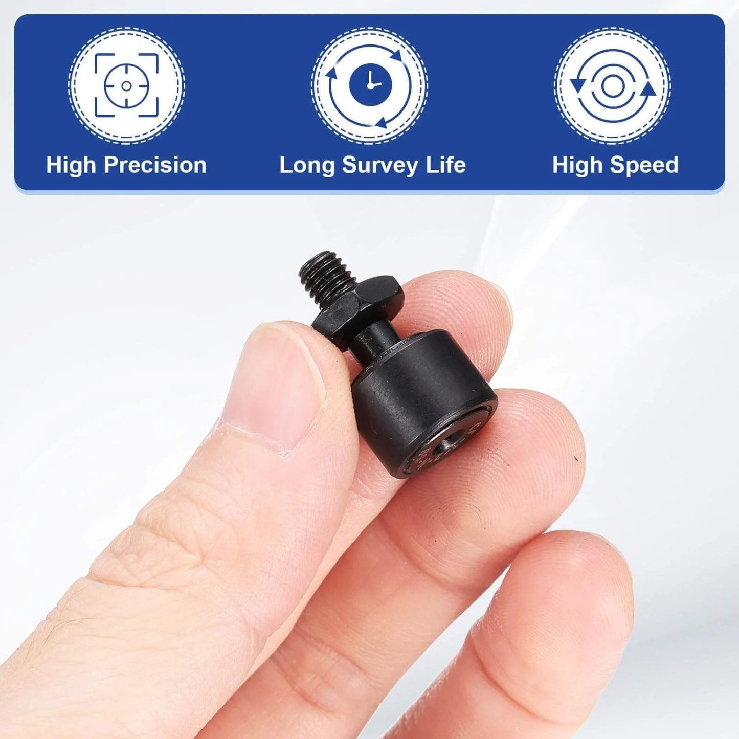 Hand holding uxcell 2Pcs CF-1/2-NSB CR8 Cam Follower Track Runner Bearings, Chrome Steel Roller Stud Track Bearing, close-up view
