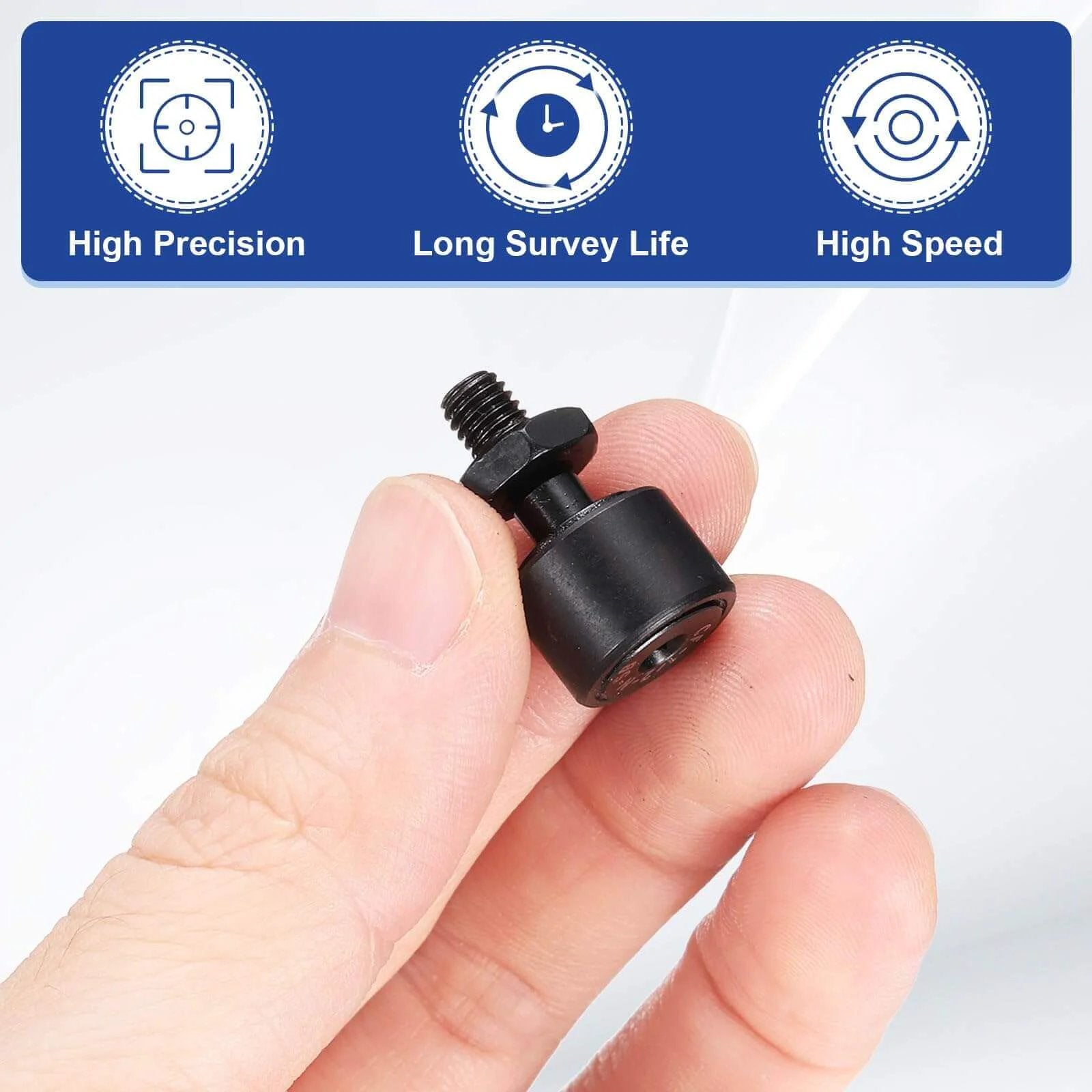 Hand holding uxcell 2Pcs CF-1/2-NSB CR8 Cam Follower Track Runner Bearings, Chrome Steel Roller Stud Track Bearing, close-up view