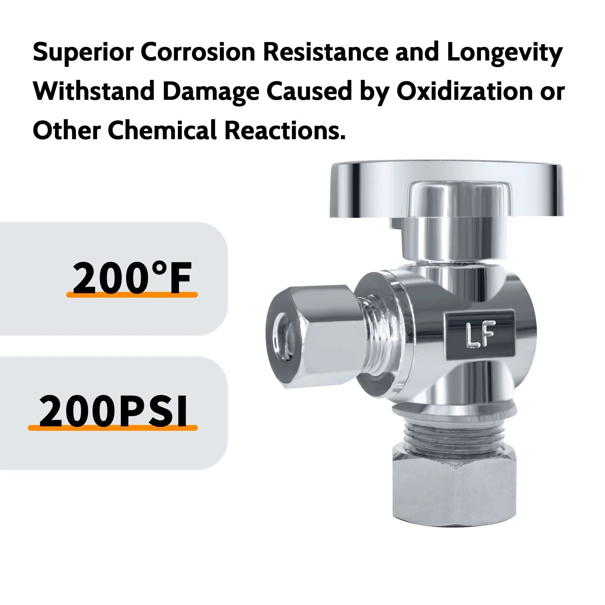 Five Pack One Half Inch NOM Compression And Three Eighth Inch OD Compression Angle Stop Valve With Quarter Turn Brass Chrome Plated Water Shut Off Valve For Faucets Durable Brass Construction With Corrosion Resistant Chrome Plated Finish For Lasting, close-up view showing features and ratings.
