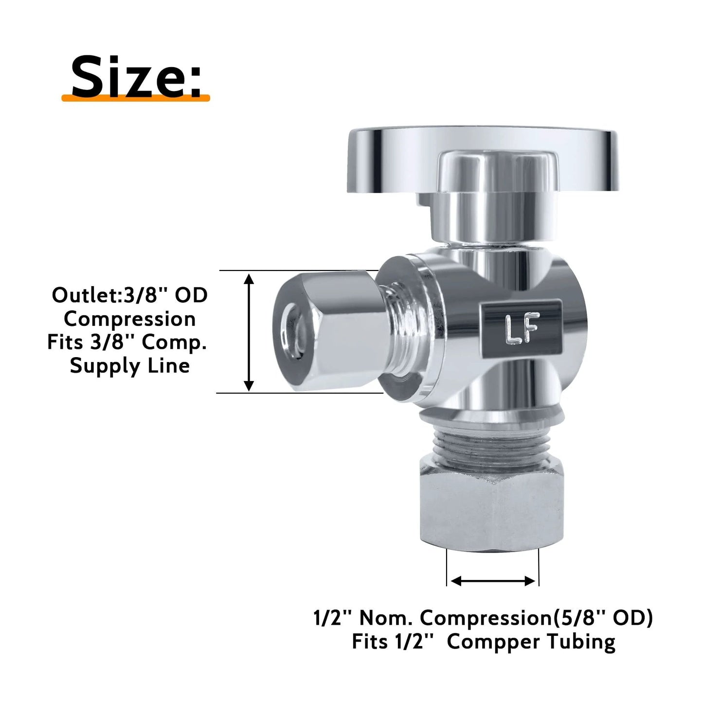 Five Pack One Half Inch NOM Compression And Three Eighth Inch OD Compression Angle Stop Valve With Quarter Turn Brass Chrome Plated Water Shut Off Valve For Faucets Durable Brass Construction With Corrosion Resistant Chrome Plated Finish For Lasting, showing size and connection details.