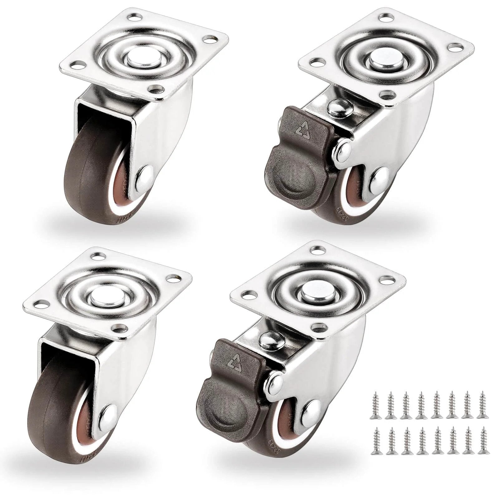 1.25 Inch Small Caster Wheels Set of 4 Low Profile 360 Degree Swivel Casters with Rubber Wheels Plate Mount for Small Furniture Projects 2 with Brakes 2 without Total Load 140 Lbs