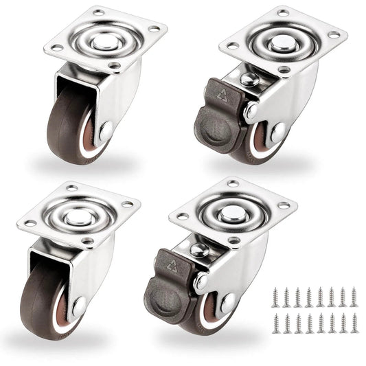 1.25 Inch Small Caster Wheels Set of 4 Low Profile 360 Degree Swivel Casters with Rubber Wheels Plate Mount for Small Furniture Projects 2 with Brakes 2 without Total Load 140 Lbs