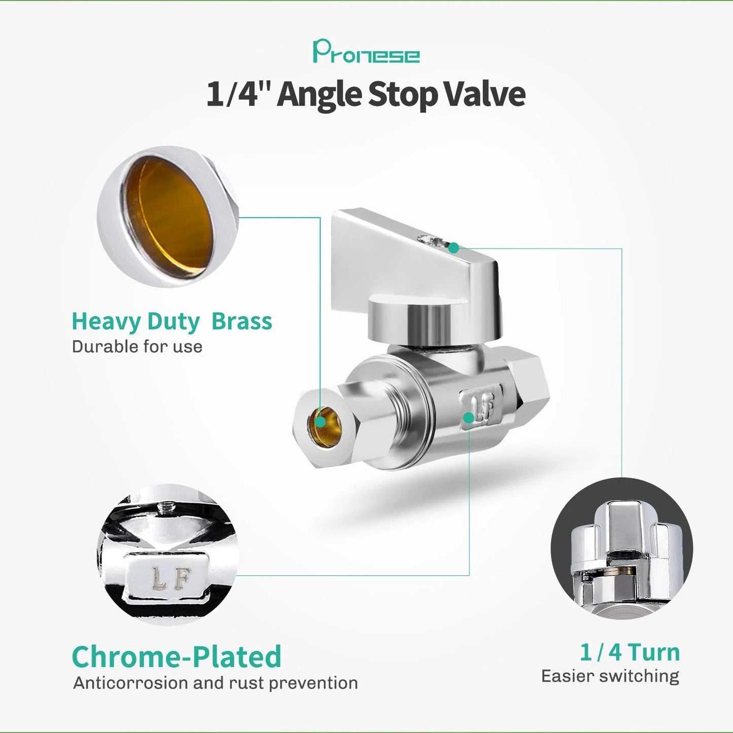 Premium Brass Quarter Inch Compression To Quarter Inch Compression Angle Valve Two Pack Quarter Turn Water Supply Valves Chrome Plated.