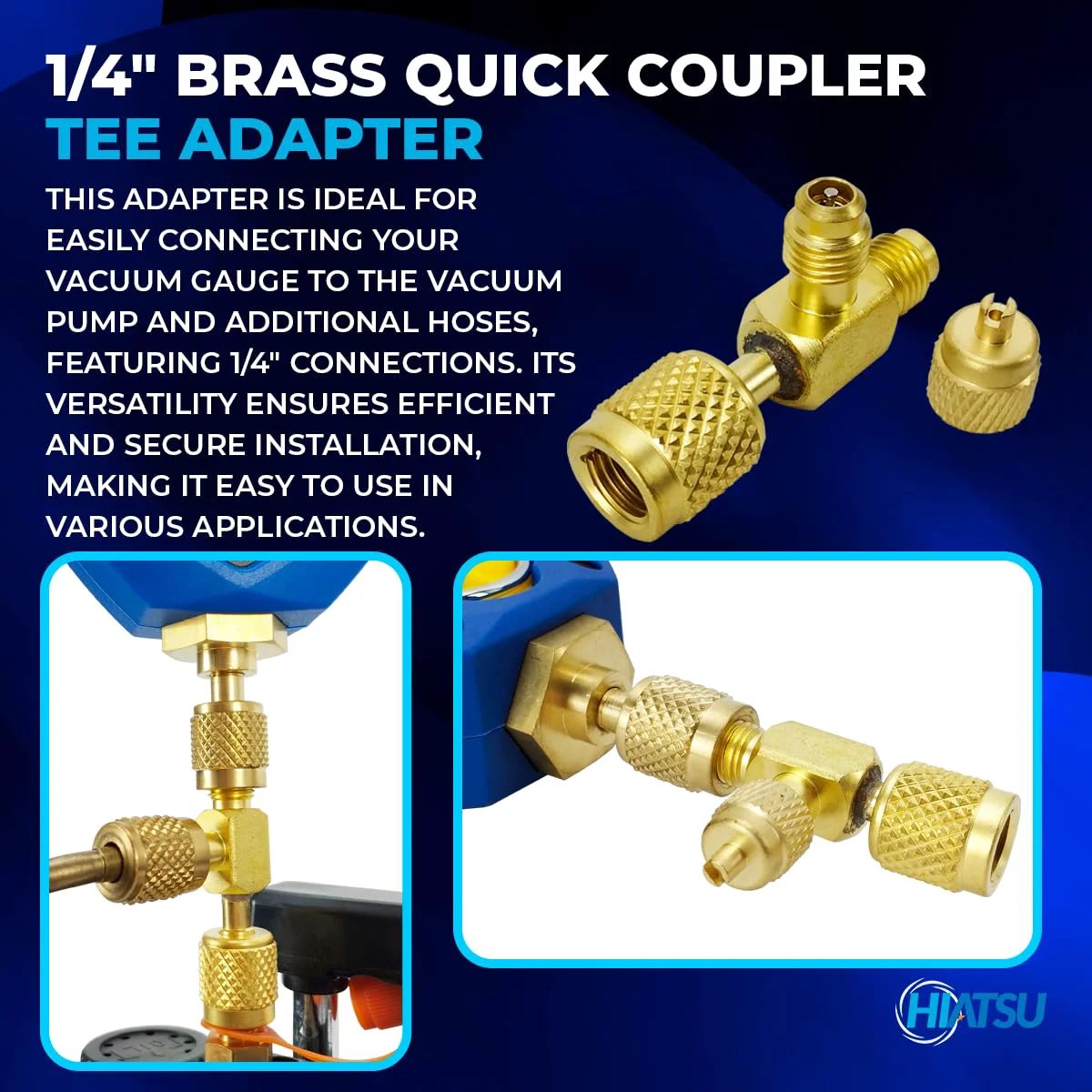 1/4" Brass Quick Coupler Tee Adapter for secure connections in vacuum systems and hoses, featuring durable brass construction.