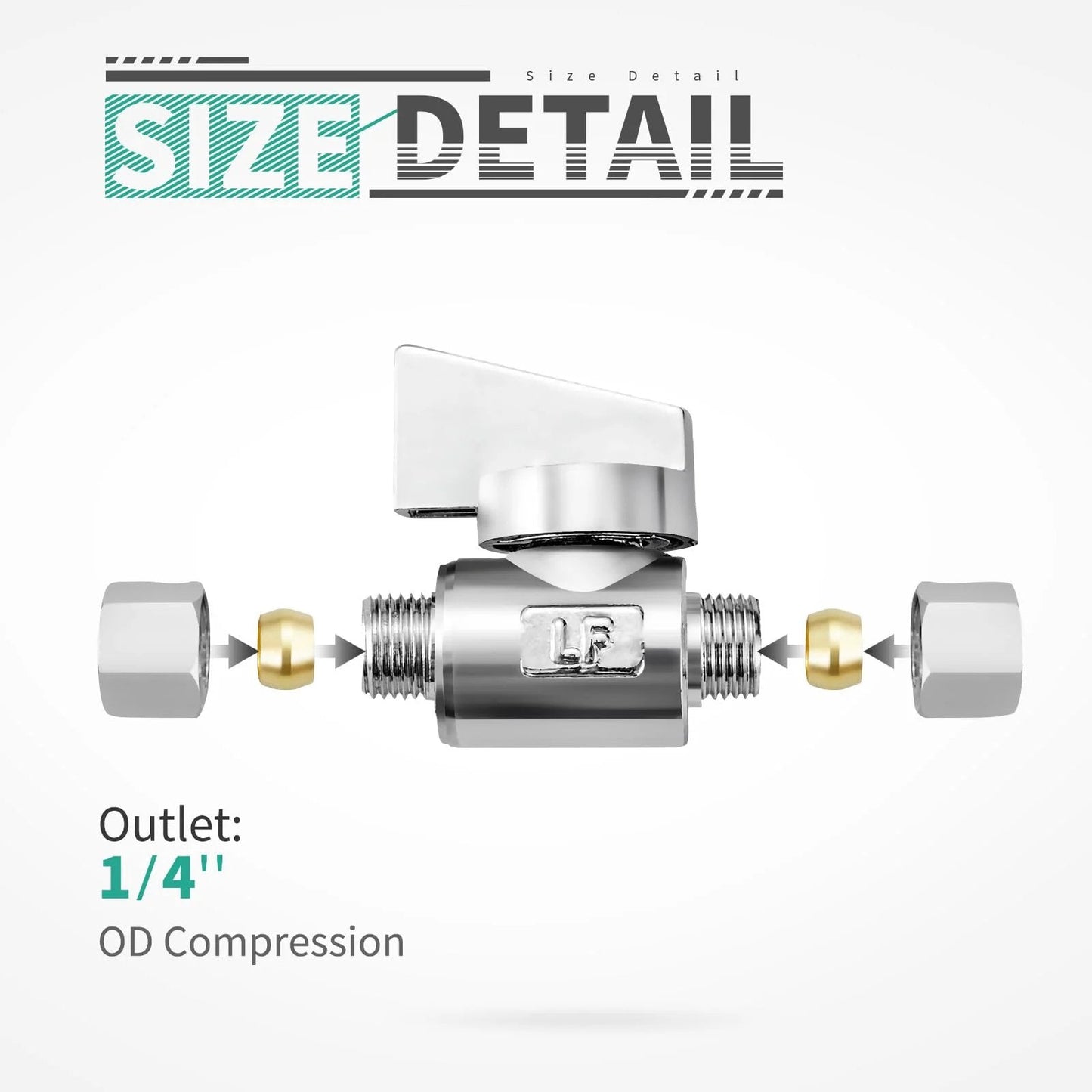 Premium Brass Quarter Inch Compression To Quarter Inch Compression Angle Valve Two Pack Quarter Turn Water Supply Valves Chrome Plated for rust resistance, showing 1/4" OD.