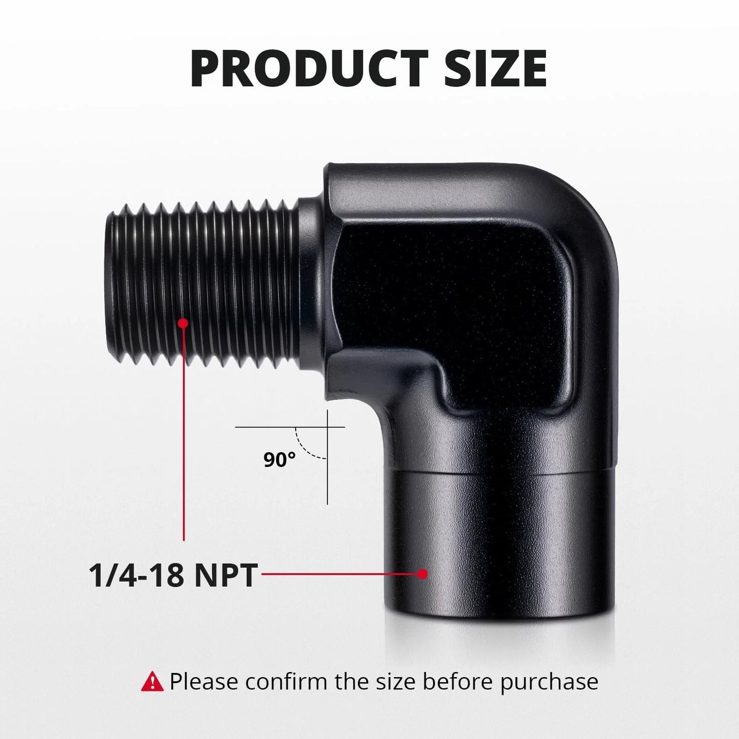 One Quarter Inch NPT Female To Male Fitting Adapter 90 Degree Aluminum Elbow Black, 1/4-18 NPT showing product size and angle.