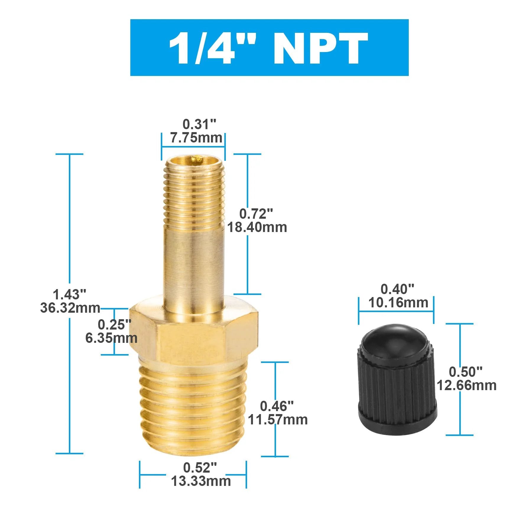 Close-up of a brass inflation valve with push to connect for quarter inch OD air line tubing and air spring suspension on semi truck trailer tractor 1/4 NPT.