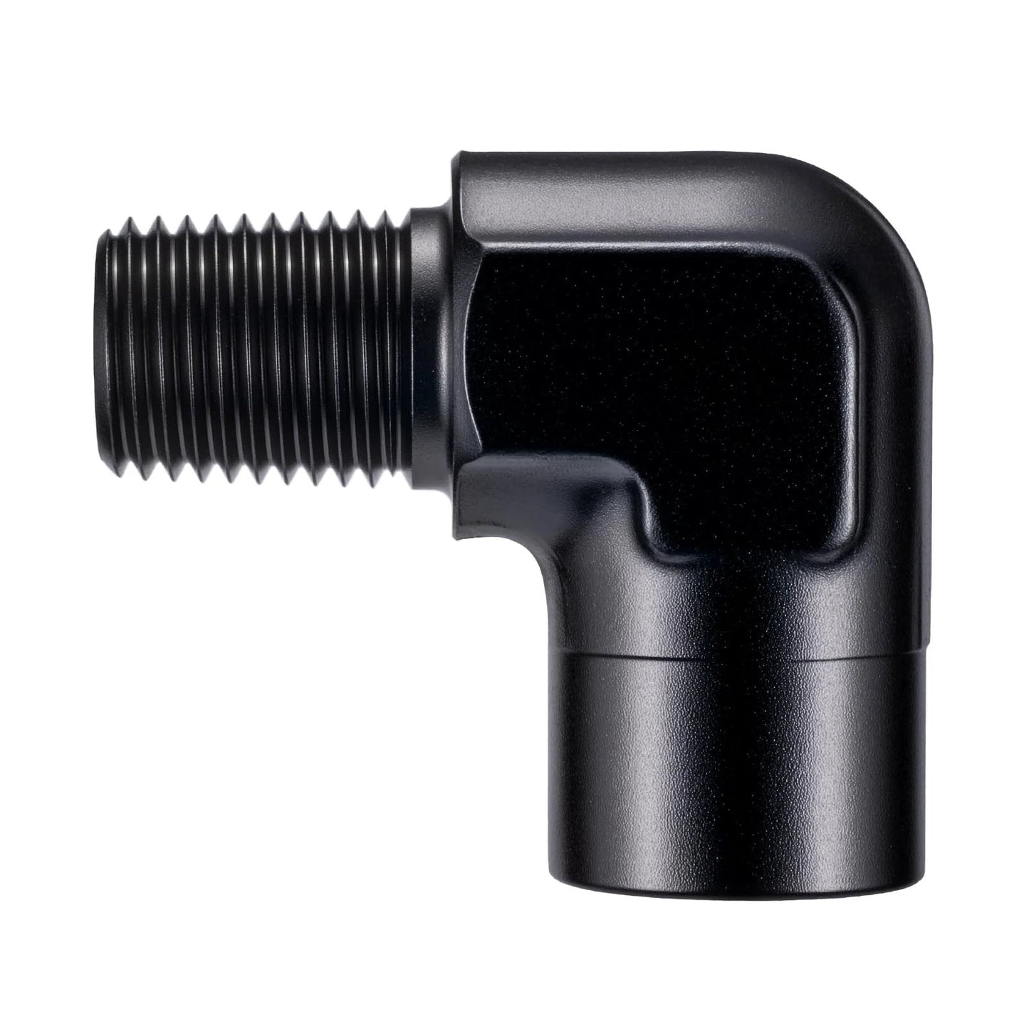 One Quarter Inch NPT Female To Male Fitting Adapter 90 Degree Aluminum Elbow Black side view, showing threaded ends and compact design.